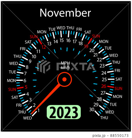 Year 2023 calendar speedometer car in vector. November 88550173