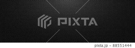 Black metal background. Perforated dark texture with light. Carbon sheet with holes. Abstract steel wallpaper wide. Modern composite material. Vector illustration 88551444