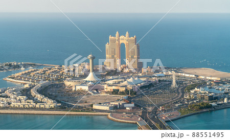 Abu Dhabi, United Arab Emirates - February 2022: Aerial view of Marina Mall and Marina Village with Rixos Marina Abu Dhabi hotel 88551495