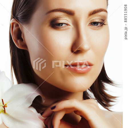 young pretty woman with big white flower close up isolated on white, hands manicure, spa people concept 88551908