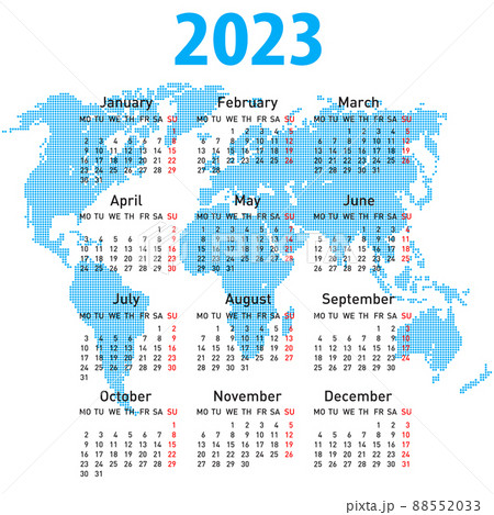calendar 2023 with world map. Week starts on Monday. 88552033
