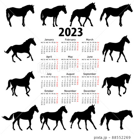 Calendar for 2023 of horse silhouettes isolated on white background 88552269