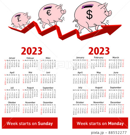 Stylish calendar Pig piggy bank for 2023 Sundays first 88552277