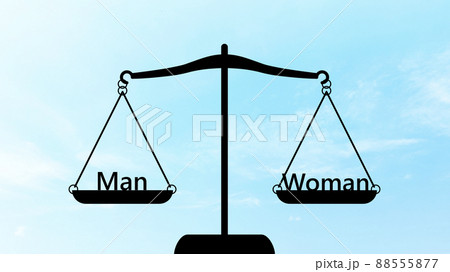 ManとWomanの文字入り天秤のシルエット_青空背景_ワイド 88555877