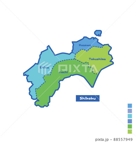 日本の地域図 日本地図 四国地方 雨の日カラーで色分けしてみた 英語版 のイラスト素材