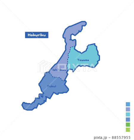 日本の地域図 日本地図 北陸地方 雨の日カラーで色分けしてみた 英語版 のイラスト素材