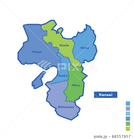 日本の地域図・日本地図 関西地方 雨の日カラーで色分けしてみた（英語版） 88557957