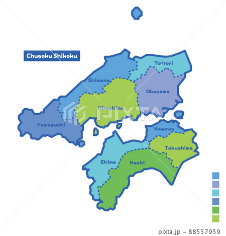 日本の地域図 日本地図 中国四国地方 雨の日カラーで色分けしてみた 英語版 のイラスト素材