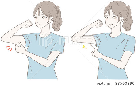 二の腕を気にする女性(ブルー)　ビフォーアフター　線画黒バージョン 88560890