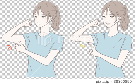 二の腕を気にする女性(ブルー)　ビフォーアフター　線画黒バージョン 88560890