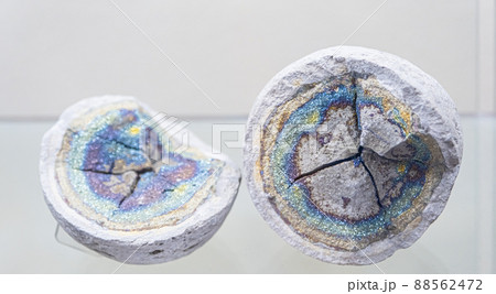 pyrite iridescent round shape. Beautiful mineral, background, texture. Soft focus, selective focus 88562472