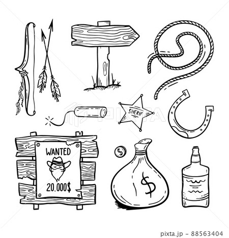 Wild West set Hand-drawn in doodle style Good for printing Symbol of Western Concept Isolated vector illustration Wild West set Hand-drawn in doodle style Good for printing Symbol of Western Concept Isolated vector illustration 88563404