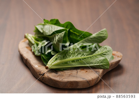 Small romaine lettuce leaves on wood board Small romaine lettuce leaves on wood board 88563593