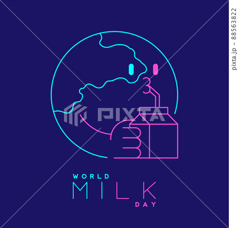 Logo World globe with milk box editable stroke blue and pink color, World Milk Day 2022 concept, cartoon minimal flat design illustration isolated on blue background with copy space, vector 88563822