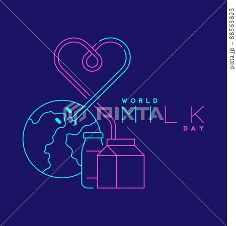 Logo World globe with heart shape straw milk box editable stroke blue and pink color, World Milk Day 2022 concept, cartoon minimal flat design illustration on blue background with copy space, vector 88563825