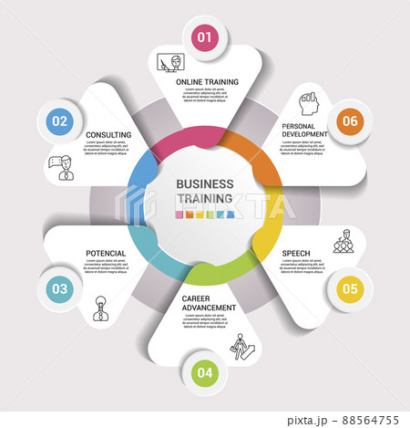 Infographic Team Building template. Icons in different colors. Include Focus Group, Synergy, Project Team, Positive Feedback and others. 88564755
