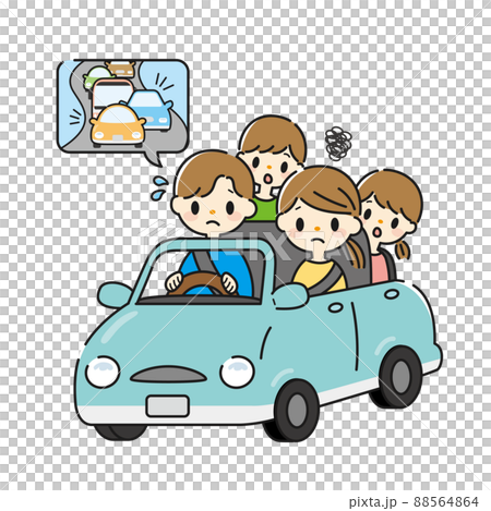 Illustration of a family of four caught in a traffic jam while driving Illustration of a family of four caught in a traffic jam while driving 88564864