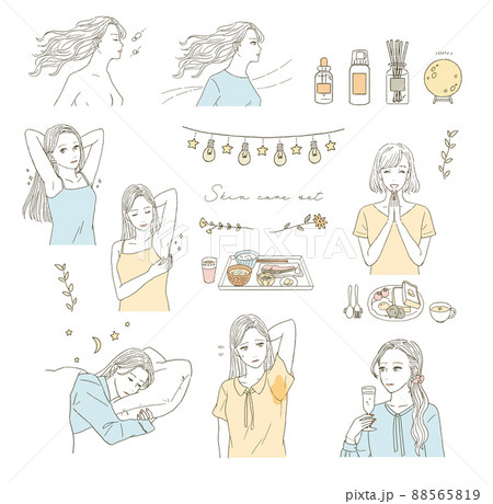 ビューティー　健康に気を配る女性のイラストレーションセット 88565819