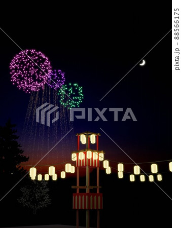 やぐらに提灯が光る夏祭りと夜に打ち上げられる花火 88566175