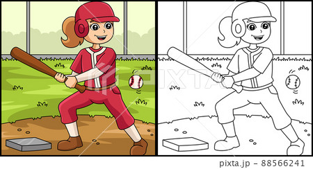 Girl Playing Baseball Coloring Page Illustration 88566241