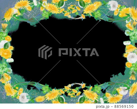アナログ風イラストたんぽぽとシロツメクサとクローバーの花のフレームと黒背景 アナログ風イラストたんぽぽとシロツメクサとクローバーの花のフレームと黒背景 88569150