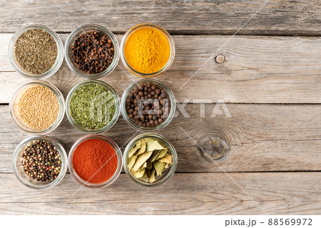 Various kinds of spices in bowls. Big collection. Top view 88569972