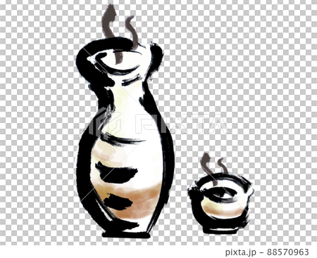 徳利と盃に入ったお酒の手描き筆書きイラスト 88570963