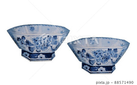 水彩画 陶器の器 焼き物 白抜き 2個 水彩画 陶器の器 焼き物 白抜き 2個 88571490