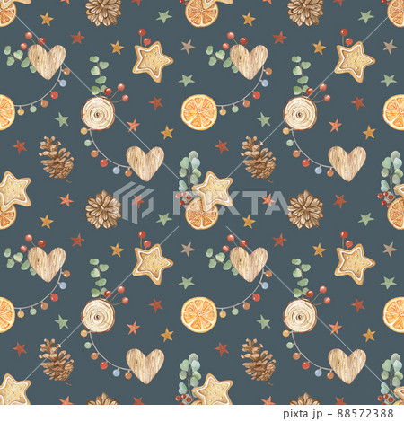 Watercolor Christmas seamless pattern with ginger cookies, eucalyptus, orange fruit, stars, garland. Hand made holiday background. Design, cards, wallpaper, posters, fabric, textile, wrapping paper. 88572388