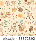 Watercolor Christmas seamless pattern with wooden toy deer. Scandinavian background. Hand made holiday print. For design, cards, wallpaper, posters, fabric, textile, wrapping paper. 88572392