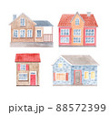 Watercolor cute rural red, blue house . Vintage hand-drawn illustration for postcard, poster, souvenir, kids cards, birthday, background, Greeting card, invitation. 88572399