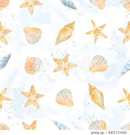 Watercolor sea seamless pattern of starfish, seashells, conch, peonies on an isolated white background. underwater world hand drawing, summer clipart. Postcards, packaging, fabric, design, textile. Watercolor sea seamless pattern of starfish, seashells, conch, peonies on an isolated white background. underwater world hand drawing, summer clipart. Postcards, packaging, fabric, design, textile. 88572400