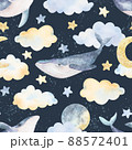 Watercolor whales, clouds, moon, stars, seamless pattern. Watercolor sea animals illustrations. Background print, wear design, baby shower, kids cards, linens, wallpaper, textile. 88572401