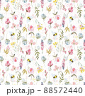 Watercolor botanical seamless pattern wild flowers and garden plants. Hand drawn leaves, pink flowers, herbs and natural elements. For decorations, scrapbooking, cards for birthday, party,baby shower. 88572440