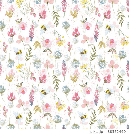 Watercolor botanical seamless pattern wild flowers and garden plants. Hand drawn leaves, pink flowers, herbs and natural elements. For decorations, scrapbooking, cards for birthday, party,baby shower. 88572440