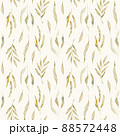 Watercolor seamless cozy pattern with dry and green leaves. Spring trendy background. Hand drawn Rustic style. For printing on paper, packaging, textiles, banners, valentine, march, easter, wedding. 88572448