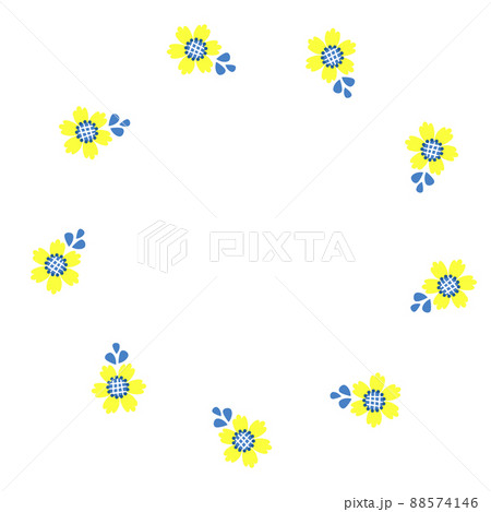 Round frame with blooming yellow flowers. Postcard napkin in yellow and blue tones, colors of Ukrainian flag. Vector illustration. Floral pattern for decor, design, print and napkins. Round frame with blooming yellow flowers. Postcard napkin in yellow and blue tones, colors of Ukrainian flag. Vector illustration. Floral pattern for decor, design, print and napkins. 88574146
