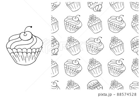 Coloring Cupcake. Set of element and seamless pattern Coloring Cupcake. Set of element and seamless pattern 88574528