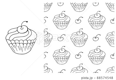 Coloring Cupcake. Set of element and seamless pattern Coloring Cupcake. Set of element and seamless pattern 88574548