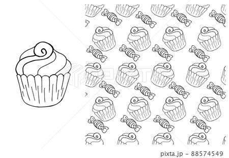 Coloring Cupcake. Set of element and seamless pattern Coloring Cupcake. Set of element and seamless pattern 88574549