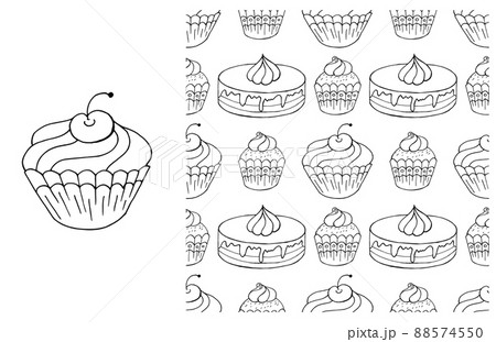 Coloring Cupcake. Set of element and seamless pattern Coloring Cupcake. Set of element and seamless pattern 88574550