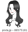 黒髪センター分け巻き髪ロングヘアの女性のイラスト 88575181