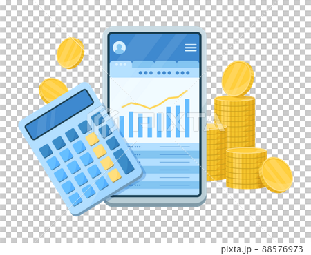 スマートフォンでお金の管理や計算をするイラスト. ファイナンシャルプランのコンセプトデザイン. スマートフォンでお金の管理や計算をするイラスト. ファイナンシャルプランのコンセプトデザイン. 88576973