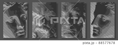 Engraved antique face. Vector illustration. Digital graphic for posters, banners, flyers, cover, historic artwork, ancient picture. Vintage engraving. Plaster head. 88577678