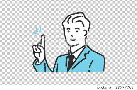 Simple bust-up illustration material of a business person in a suit who raises his index finger to guide customers 88577765
