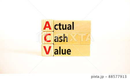 ACV actual cash value symbol. Concept words ACV actual cash value on wooden blocks on a beautiful white table, white background. Business and ACV actual cash value concept. Copy space. ACV actual cash value symbol. Concept words ACV actual cash value on wooden blocks on a beautiful white table, white background. Business and ACV actual cash value concept. Copy space. 88577913