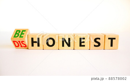 Be honest or dishonest symbol. Turned cube and changed concept words Dishonest to Be honest. Beautiful white table white background. Business and be honest or dishonest concept. Copy space. 88578002