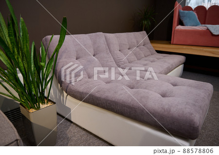 Side view of a modern confortable settee, displayed for sale in a showroom of an upholstered furniture store for home furnishing. Interior design and home decoration 88578806
