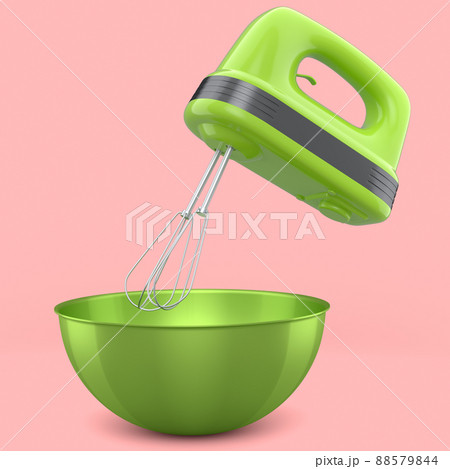 Metal bowl with electric mixer kitchen appliance for blending on pink table 88579844