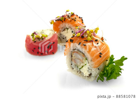 traditional japanese food sushi. tempura sushi maki with shrimp and avocado isolated on white background 88581078